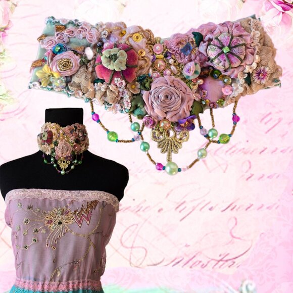 Handmade Pink Rose Embroidered Victorian-style Choker Collar Fairycore - Picture 1 of 10